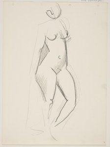 Mujer desnuda de pie, vuelta hacia la derecha, con un drapeado en la mano