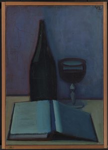 Naturaleza muerta con un libro, un vaso y una botella de Vilhelm Lundstrøm