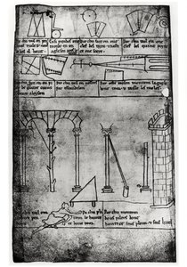 Ms.Fr.19093 fol.20v Figuras geométricas para construcción, arcos y hombre midiendo la altura de una torre (copia facsímil)