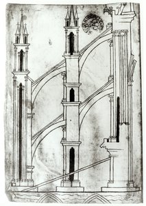 Ms Fr 19093 f.32v Sección de la pared y arco de las capillas absidiales de la Catedral de Reims (copia facsímil) de Villard de Honnecourt