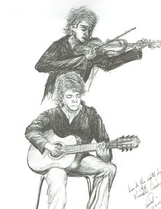El guitarrista y violinista en el café 8th day Manchester de Vincent Alexander Booth