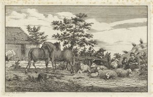 Pastor con mujer sentada y niños con ovejas y dos caballos. de Vincent Jansz. van der Vinne