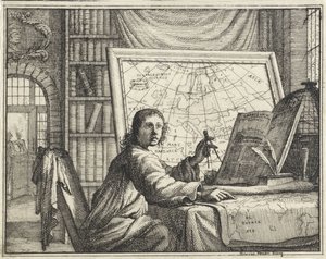 Hombre con brújula en mapas de Vincent Laurensz. van der Vinne (II)
