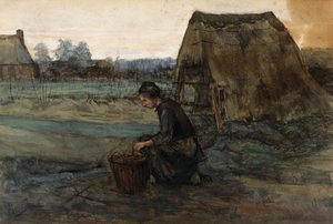 Una campesina arrodillada frente a una cabaña; Paysanne Agenouillee Devant une Cabane, 1883 de Vincent van Gogh