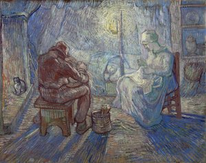 "Noche" (Noche) Familia campesina en un interior - Pintura de Vincent van Gogh (1853-1890) según Millet