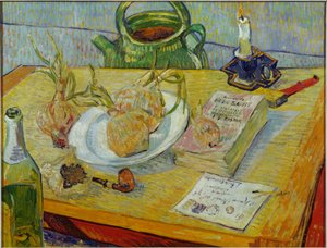Naturaleza muerta con tablero de dibujo, pipa, cebollas y lacre de Vincent van Gogh