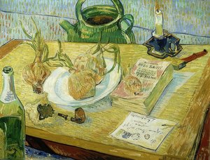 Naturaleza muerta con tablero de dibujo, pipa, cebollas y lacre de Vincent van Gogh
