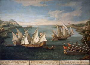 Batalla naval entre barcos venecianos de Marco Ivanovich Dobrota y barcos turcos frente a Patras el 17 de abril.