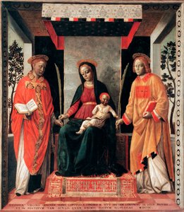 Virgen y Niño rodeados por los santos Faustin y Giovita de Vincenzo Foppa