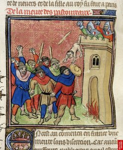 (detalle) de una miniatura de la Tercera Cruzada de Pastoureaux. Judíos arrojando a sus hijos desde una torre, después de 1380
