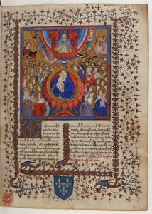 Frontispicio de un manuscrito de la Leyenda Dorada: La Virgen y el Niño rodeados por la Corte Celestial, recibiendo la bendición de Dios Padre.
