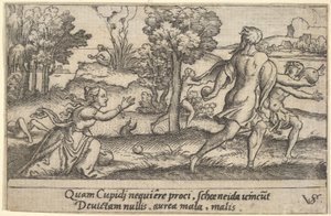 Atalanta e Hipómenes, en primer plano Atalanta arrodillada para recoger una manzana, ca. 1535-62 de Virgil Solis