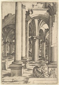 Botes remando a través de ruinas inundadas, ca. 1550-62