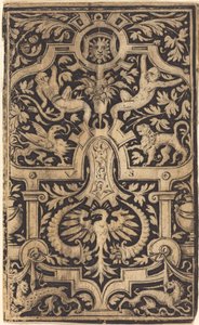 Ornamento de follaje y correas en fondo oscuro con monos y otros animales