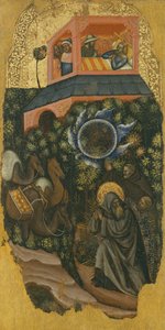 Historia de San Antonio el Grande, Un mendigo insta al rey enfermo de Palestina a que envíe alimentos a San Antonio (arriba); llegada de camellos con alimentos (abajo) de Vitale da Bologna