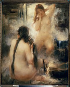 Dans un bain de vapeur (sauna) - En un baño de vapor - Dos jóvenes desnudas peinándose y disfrutando de los beneficios del termalismo tradicional ruso - Pintura de Vitali Gavrilovich Tikhov (1876-1939), óleo sobre lienzo, principios del siglo XX - Arte rus de Vitali Gvrilovich Tikhov