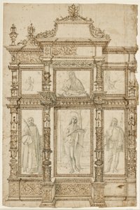 Estudio para un retablo con seis imágenes en una estructura ornamentada de marcos. Arriba: La estigmatización de San Francisco, Madonna y Niño, San Jerónimo en el desierto; abajo: San Lorenzo, San Sebastián y San Roque de Vittore Carpaccio