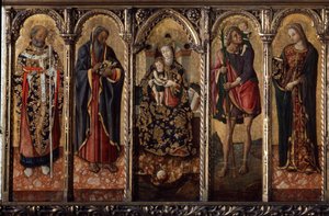 ""Madonna and Child with Saints"" Están representados: San Nicolás de Myre o Bari (270-345), San Antonio Abad (San Antonio el Grande (250/251-356) (o San Antonio el ermitaño), San Cristóbal y Santa Catalina (¿de Alejandría?).