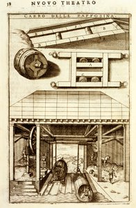 Mecanismo de polea hidráulica impulsado por caballos para mover mercancías entre tierra y agua, 1607 de Vittorio Zonca