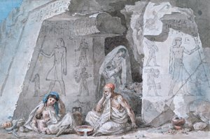 Familia egipcia fuera de una tumba antigua de Vivant Denon