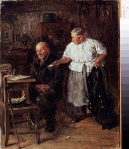 La Reprimenda (La Regaña). Una pareja de ancianos en su interior, la esposa reprocha a su marido, mostrándole la cartera. Pintura de Vladimir Yegorovich Makovsky (Makovsky, Makovskij) (1846-1920), óleo sobre lienzo