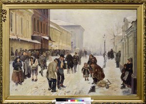 El Asilo Nocturno (Dosshouse). Escena callejera, una multitud de personas necesitadas y sin hogar se reúnen frente al edificio de recepción, sufriendo de frío y pobreza. Pintura de Vladimir Yegorovich Makovsky (Makovsky, Makovskij) (1846-1920), óleo sobre 