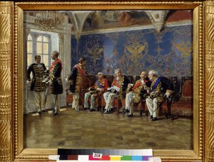 Esperando una audiencia. Sala de espera con personajes en traje oficial con todas las condecoraciones y atributos honoríficos de su nobleza y funciones que esperan y discuten antes de ser recibidos por el Zar. pei de Vladimir Egorovic Makovsky