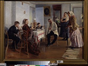 Contratación de una criada (un empleo de criada). Una mujer joven solicita un lugar, sujeta a preguntas de la dueña de casa, bajo la mirada de su esposo e hijos, sentados a la hora del té. La joven también es observada por un empleado. de Vladimir Egorovic Makovsky