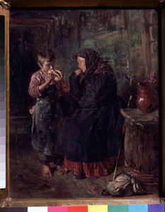 El reencuentro (La reunión). Una madre que ha venido a visitar a su hijo, bastón y mochila tirados en el suelo, todavía con el abrigo y el pañuelo en la cabeza y devora a su hijo con los ojos como si comiera una especie de brioche. el esta descalzo, de Vladimir Egorovic Makovsky