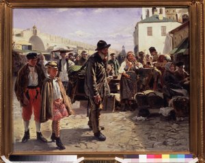 El organillo (The Organ Grinder). El músico ambulante sostiene su instrumento a la espalda, lo acompañan dos niños muy elegantes, llegan a la plaza del mercado de una ciudad donde los mercaderes los miran fijamente. Pintura de Vladimir Yegorovi de Vladimir Egorovic Makovsky