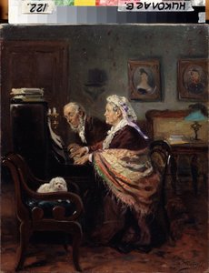 Piano a cuatro manos (Piano Duet). Una pareja de ancianos toca música, leyendo atentamente sus partituras, con un pequeño perro blanco a su lado. Pintura de Vladimir Yegorovich Makovsky (Makovsky, Makovskij) (1846-1920), óleo sobre lienzo
