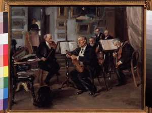 Velada Musical. Los músicos se preparan para dar un concierto, afinan sus instrumentos entre los estuches de instrumentos y las partituras. Pintura de Vladimir Yegorovich Makovsky Makovsky (Makovsky, Makovskij) (1846-1920), aceite s