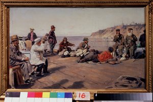 En la cubierta (En la cubierta). Viajeros de todas las clases en un barco que recorre la costa. Pintura de Vladimir Yegorovich Makovsky (Makovsky, Makovskij) (1846-1920), óleo sobre lienzo de Vladimir Egorovic Makovsky