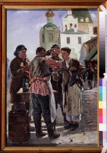Vendedor de Kvass (Kwass) (vendedor de Kvas). Bebida fermentada y espumosa, ligeramente alcohólica y popular, apodada cerveza de pan, bebida nacional rusa. Pintura de Vladimir Yegorovich Makovsky (Makovsky, Makovskij) (1846-1920), óleo sobre lienzo de Vladimir Egorovic Makovsky