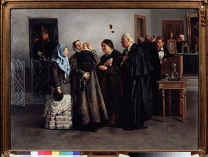 Veredicto: no culpable (Veredicto de no culpable). Al final del patio, alegría de una madre que tiernamente toma en brazos a su bebé, rodeada de su propia madre, su hermana y su abogado. Al fondo, los miembros del tribunal y el juez salen por de Vladimir Egorovic Makovsky