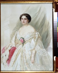 ""Retrato de una dama con capa de piel"" Está vestida con un vestido blanco con cintas, pendientes y pulseras. Acuarela de Vladimir Hau (Gau) (1816-1895) 1860 Colección privada de Vladimir Ivanovich Hau
