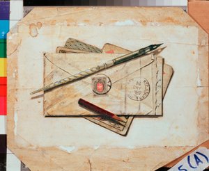 Una carta y naipes. Naturaleza muerta. Obra de Vladimir Pavlovich Sokolov (1860-1913), acuarela sobre papel. Arte ruso de Vladimir Pavlovich Sokolov