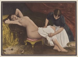 Mujer levantándose de la cama (litografia en color)