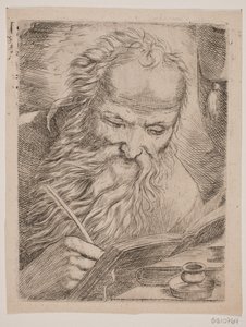 Un anciano escribiendo en un libro de W.A. Müller