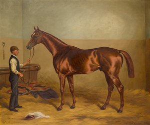 Sir Hugo como un niño de tres años retenido por el novio en un establo, c.1875-92 (óleo sobre lienzo) de W.H. Hopkins