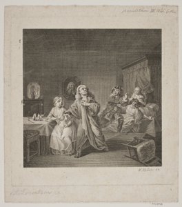La sala de maternidad, acto III, escena 6. Grabado después de la galería de Holberg de Lorenzen de WIlhelm Heuer