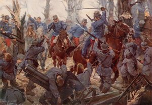 Carga de la caballería ligera francesa en Lassigny (litografía en color) de W.R.S. (after) Stott