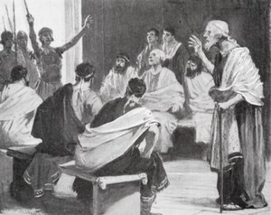 Rómulo comunica a su abuelo que ha vuelto a ser rey de Alba (lito) de W.R.S. (after) Stott