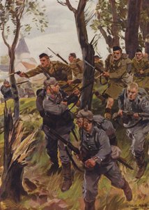Los Seaforth Highlanders derrotan al enemigo (litografía en color)