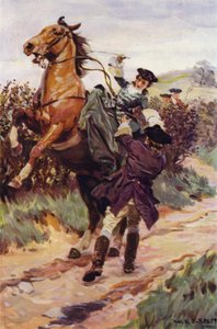 "La bestia revoltosa arrojó su hermosa carga de su espalda, y Jones la atrapó en sus brazos" (litografía en color) de W.R.S. (after) Stott