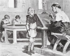 El joven Cuthbert en la escuela (litografía) de W.R.S. (after) Stott