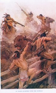 At Close Quarters with the Buffalo, ilustración de "The Romance of Canada" (litografía en color)