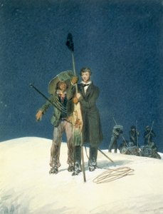 Charles Fellows con William Hawes, Planta un Bastón en la Cima, incluido como inserto en A Narrative of an Ascent to the Summit of Mont Blanc por Charles Fellows (1799-1860), publicado 1827
