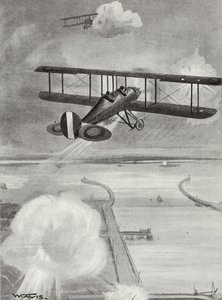 El líder de escuadrón Richard Davies y el teniente de vuelo Richard Peirse lanzando bombas sobre la estación submarina en Zeebrugge bajo fuego intenso, 23 de enero de 1915 de W. Avis