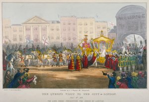 Vista de Temple Bar durante la visita de la Reina Victoria a la Ciudad de Londres en 1837 de W Clerk